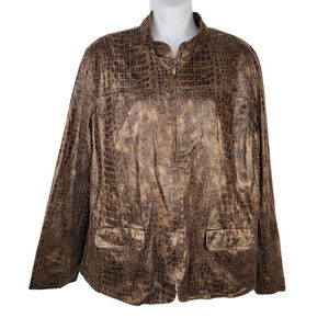 Alfred Dunner Jacket Women's Size 14 Brown Full Zip Faux Snakeskin Print Pockets